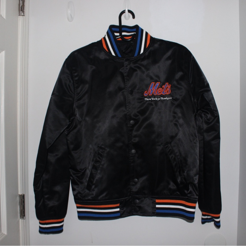 New Era Black Varsity Jacket with Orange and Blue Accents